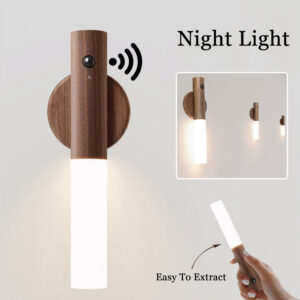 Wireless Motion Sensor Wall Lamp with Magnetic USB LED, Wood Finish - Ideal for Corridors, Porches, and Cabinets