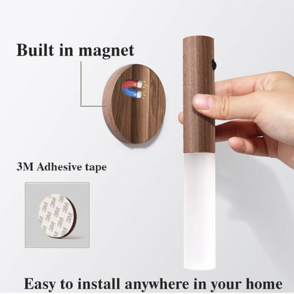 Wireless Motion Sensor Wall Lamp with Magnetic USB LED, Wood Finish - Ideal for Corridors, Porches, and Cabinets - Image 4